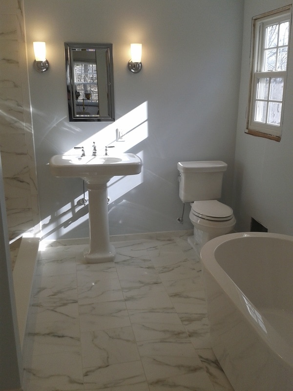 Bathroom Remodel, white marble tile, freestanding tub, pedestal sink, spa bathroom