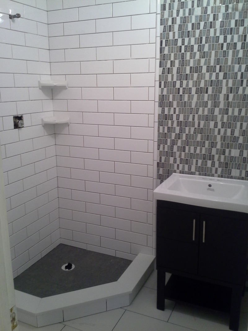 White subway tile, glass tile, bathroom remodel