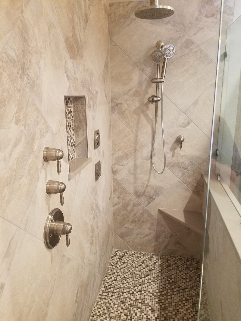 Bathroom Remodel, Shower Sprayers, Rain Shower Head, Tile, Custom glass, Granite Seat