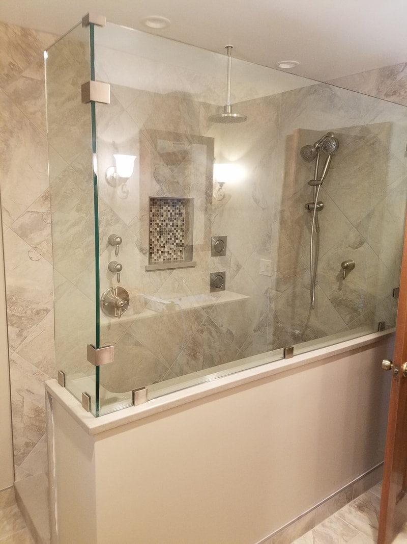 Bathroom Remodel, Shower Sprayers, Rain Shower Head, Tile, Custom glass, Granite Seat