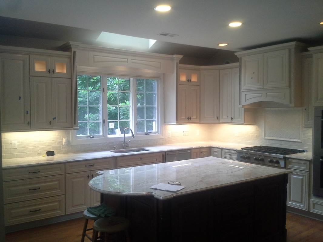 Kitchen Remodel, White backsplash, marble granite, wood flooring