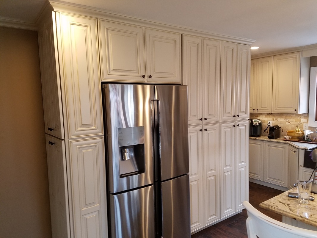 Kitchen Remodel, Wood Look Tile, Cream cabinets, Stainless steel